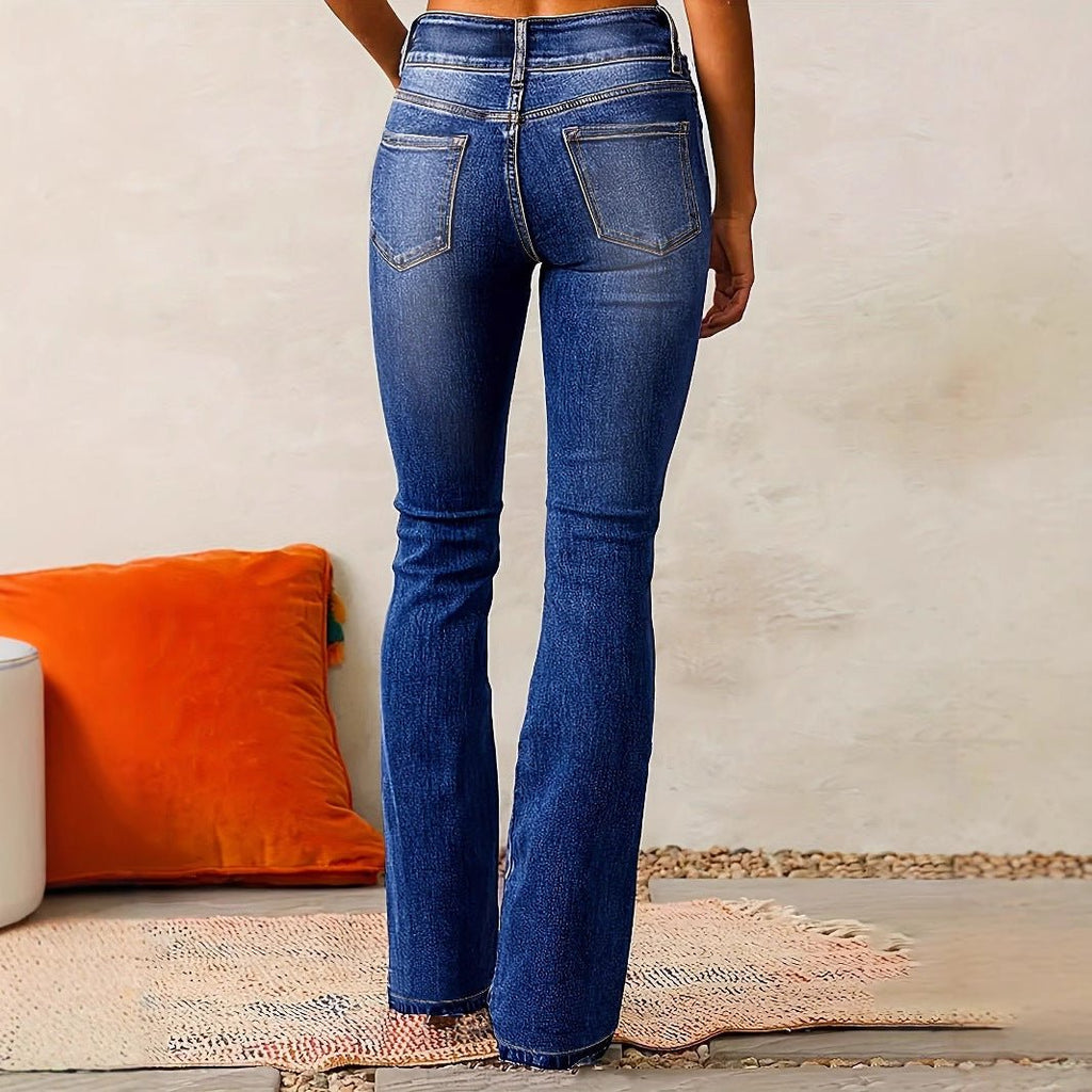 Skinny Flared Jeans With Pockets Fashion Button Zipper Trousers Women's Slim Denim Pants - Grace & Grit Boutique
