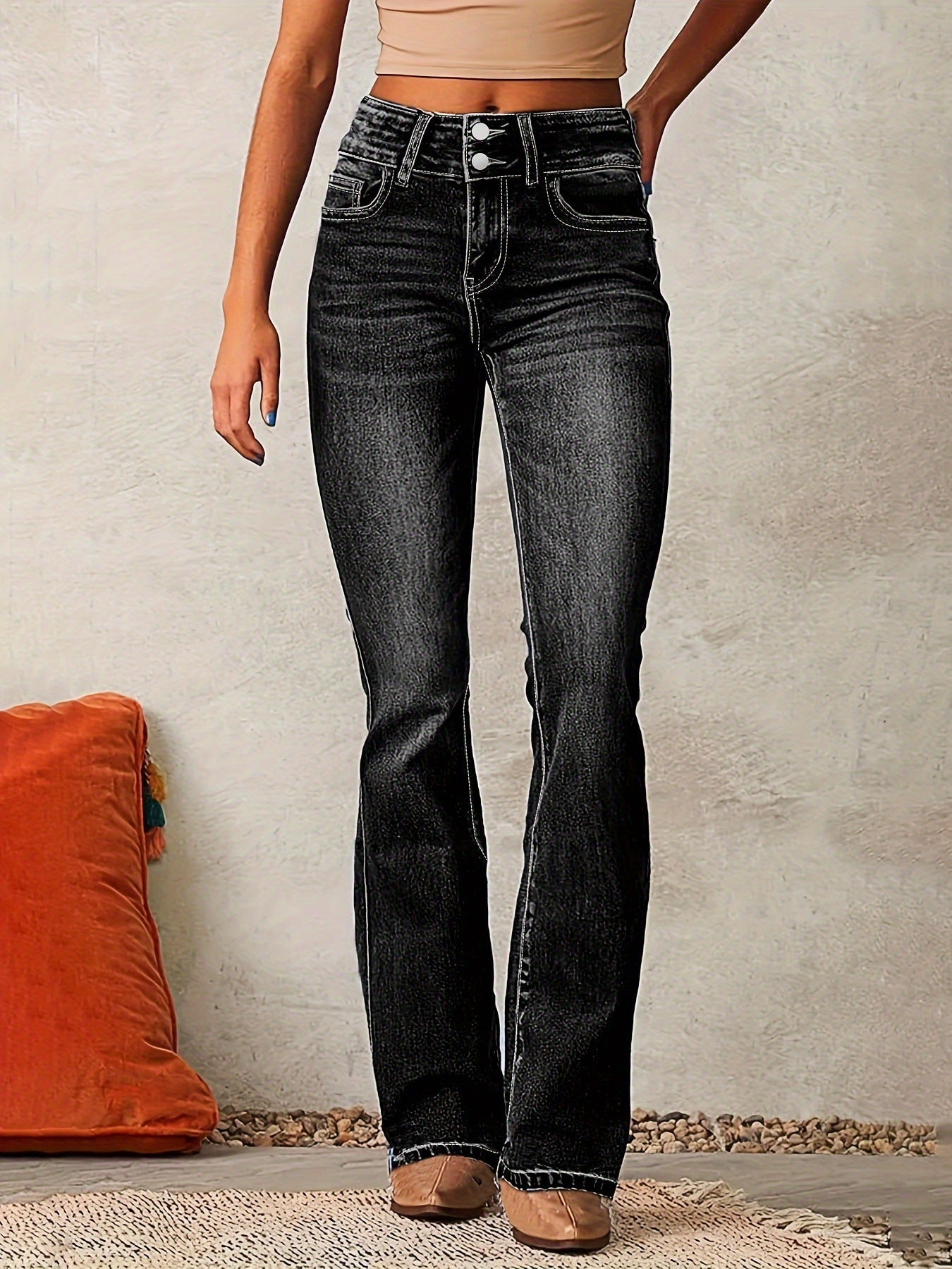 Skinny Flared Jeans With Pockets Fashion Button Zipper Trousers Women's Slim Denim Pants - Grace & Grit Boutique