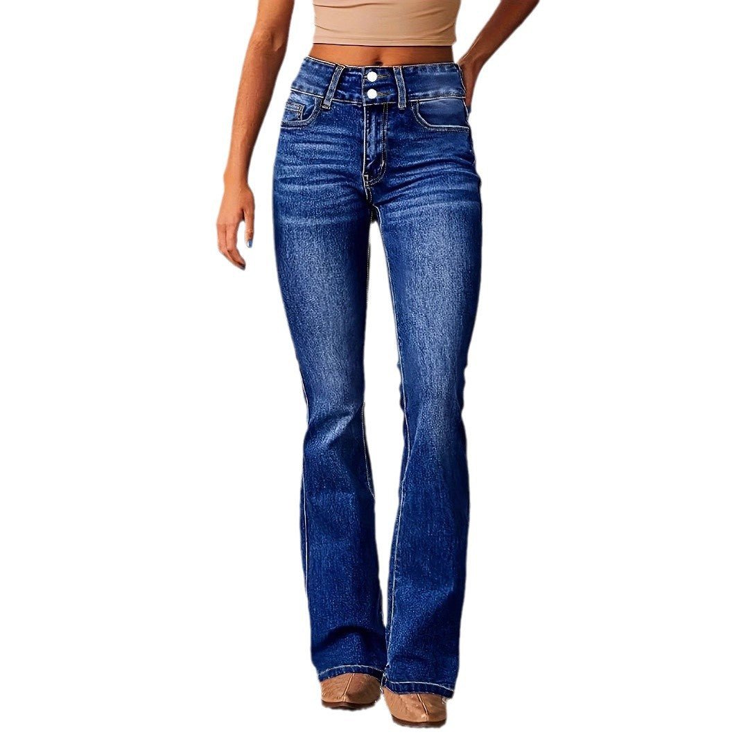 Skinny Flared Jeans With Pockets Fashion Button Zipper Trousers Women's Slim Denim Pants - Grace & Grit Boutique