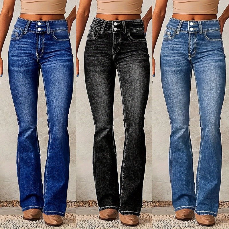 Skinny Flared Jeans With Pockets Fashion Button Zipper Trousers Women's Slim Denim Pants - Grace & Grit Boutique
