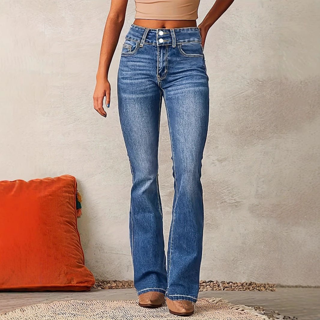 Skinny Flared Jeans With Pockets Fashion Button Zipper Trousers Women's Slim Denim Pants - Grace & Grit Boutique