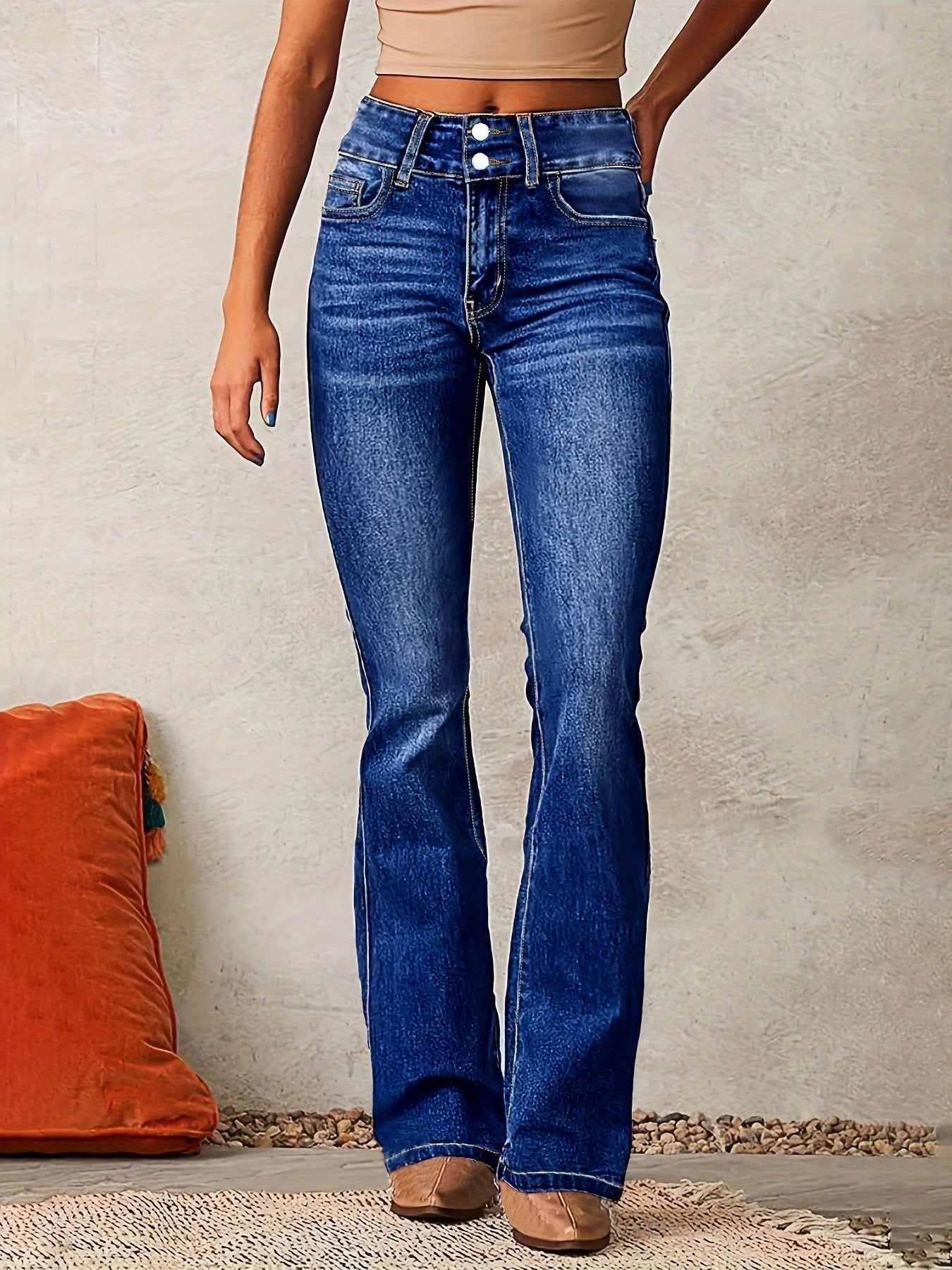 Skinny Flared Jeans With Pockets Fashion Button Zipper Trousers Women's Slim Denim Pants by Grace & Grit