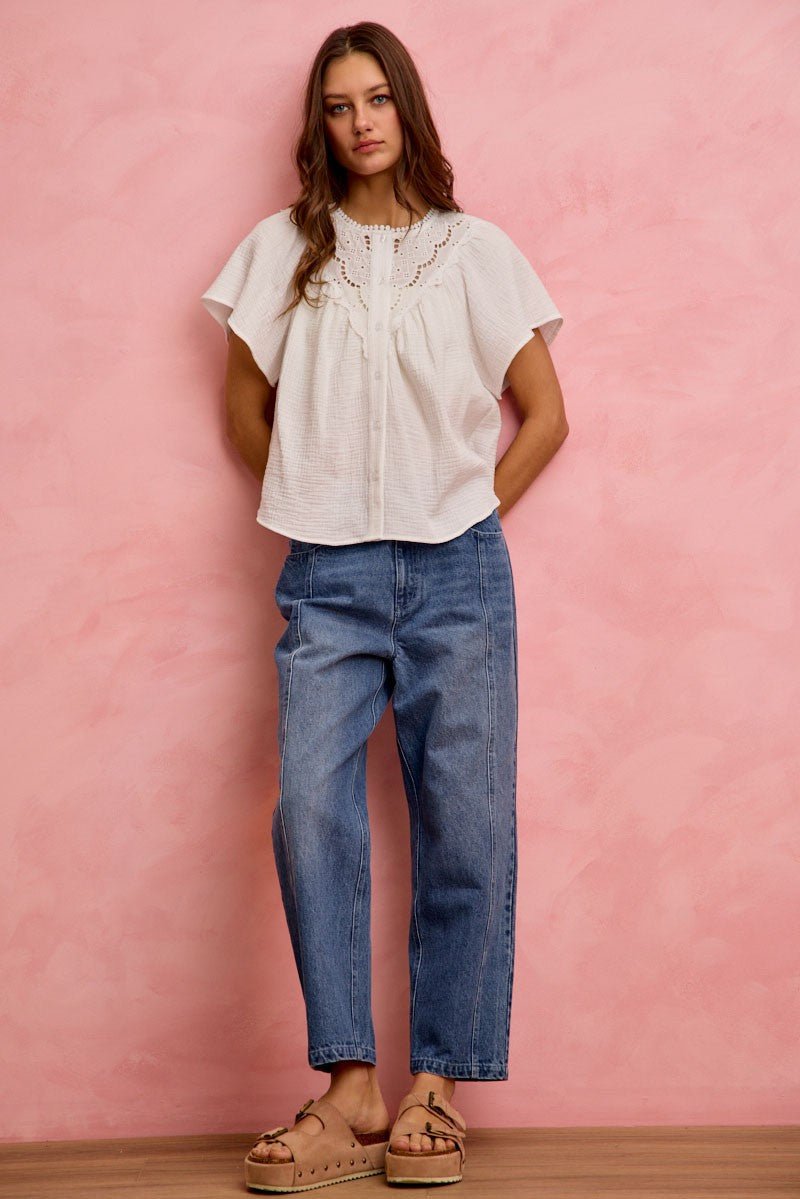 SO ME Cotton Gauze Lace Trim Flutter Sleeves Blouse Top - Grace & Grit Boutique