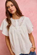 SO ME Cotton Gauze Lace Trim Flutter Sleeves Blouse Top - Grace & Grit Boutique