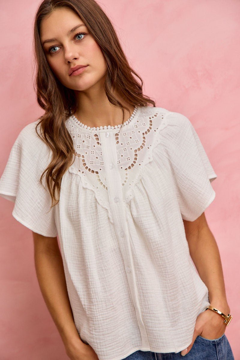 SO ME Cotton Gauze Lace Trim Flutter Sleeves Blouse Top - Grace & Grit Boutique
