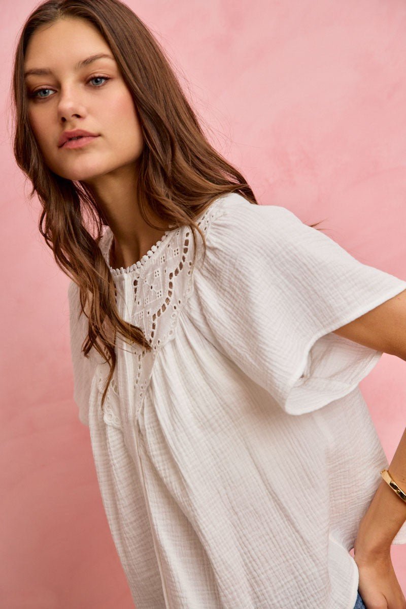 SO ME Cotton Gauze Lace Trim Flutter Sleeves Blouse Top - Grace & Grit Boutique