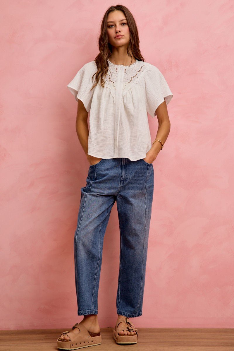 SO ME Cotton Gauze Lace Trim Flutter Sleeves Blouse Top - Grace & Grit Boutique