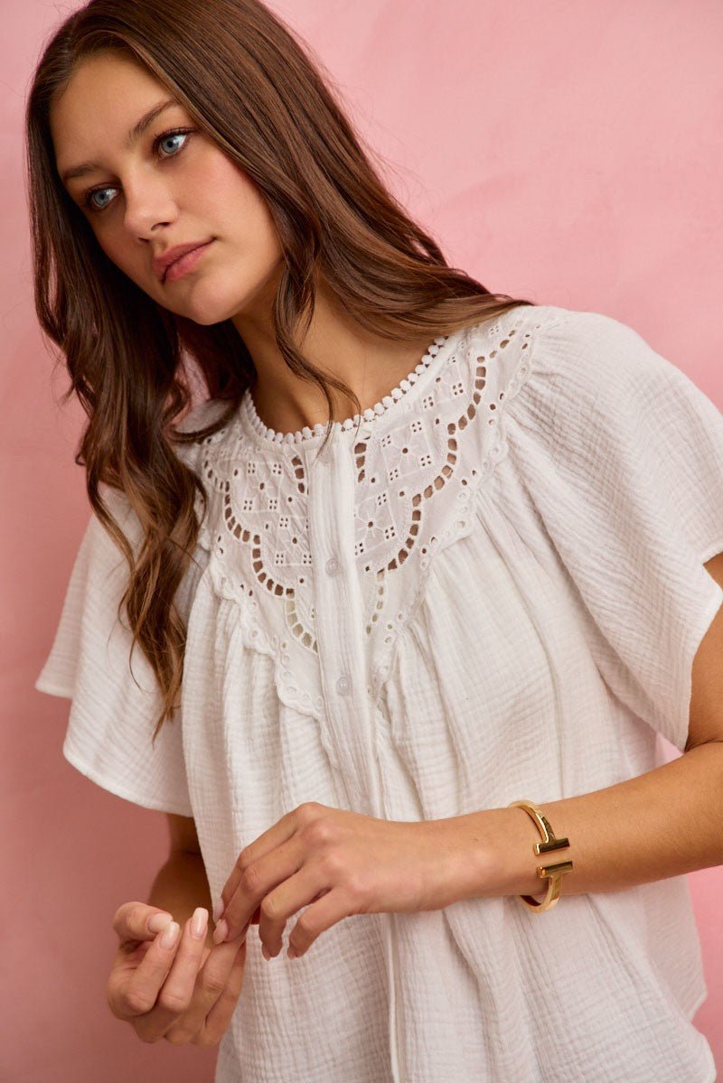 SO ME Cotton Gauze Lace Trim Flutter Sleeves Blouse Top - Grace & Grit Boutique