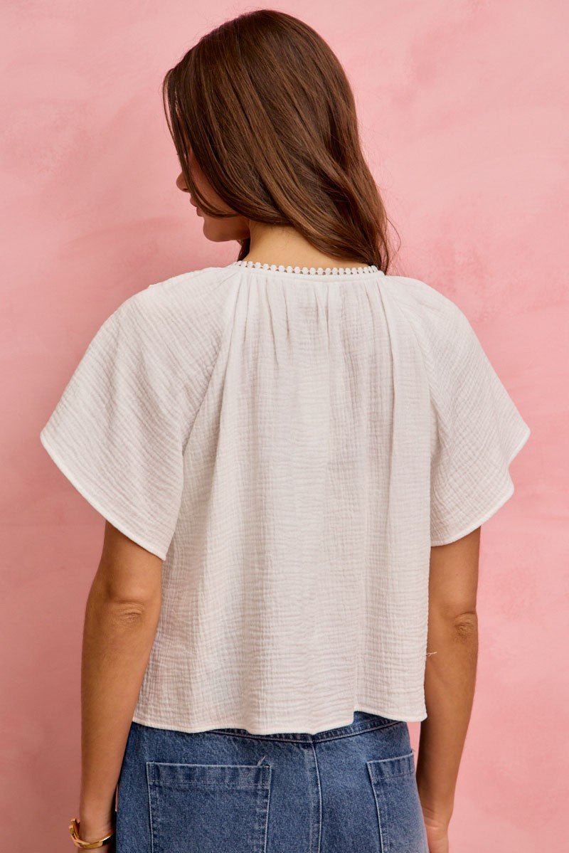 SO ME Cotton Gauze Lace Trim Flutter Sleeves Blouse Top - Grace & Grit Boutique