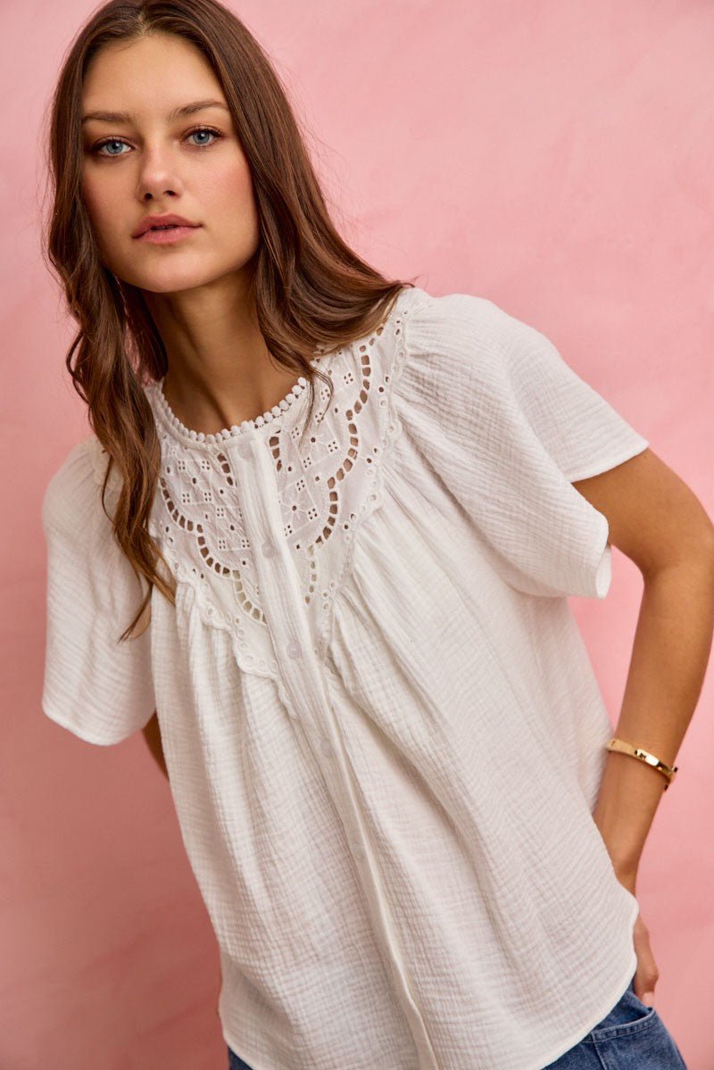 SO ME Cotton Gauze Lace Trim Flutter Sleeves Blouse Top - Grace & Grit Boutique