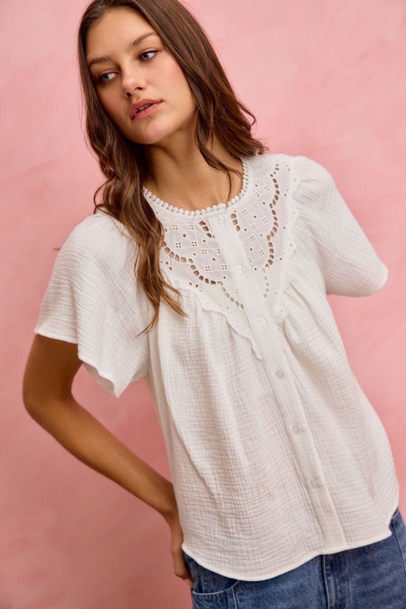 SO ME Cotton Gauze Lace Trim Flutter Sleeves Blouse Top - Grace & Grit Boutique