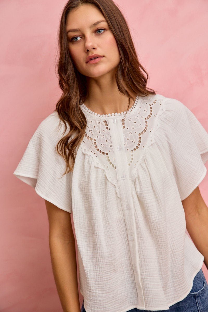 SO ME Cotton Gauze Lace Trim Flutter Sleeves Blouse Top - Grace & Grit Boutique