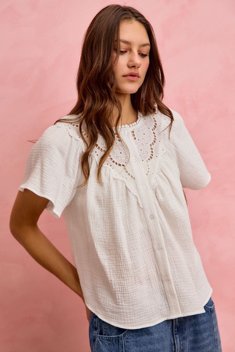 SO ME Cotton Gauze Lace Trim Flutter Sleeves Blouse Top - Grace & Grit Boutique