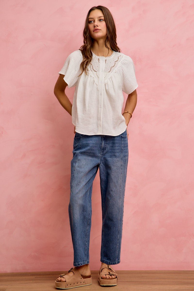 SO ME Cotton Gauze Lace Trim Flutter Sleeves Blouse Top - Grace & Grit Boutique
