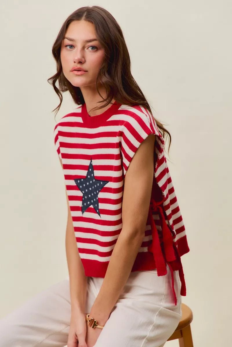 SO ME Stripe Star Patch 4th Of July Side Tie Vest Top - Grace & Grit Boutique