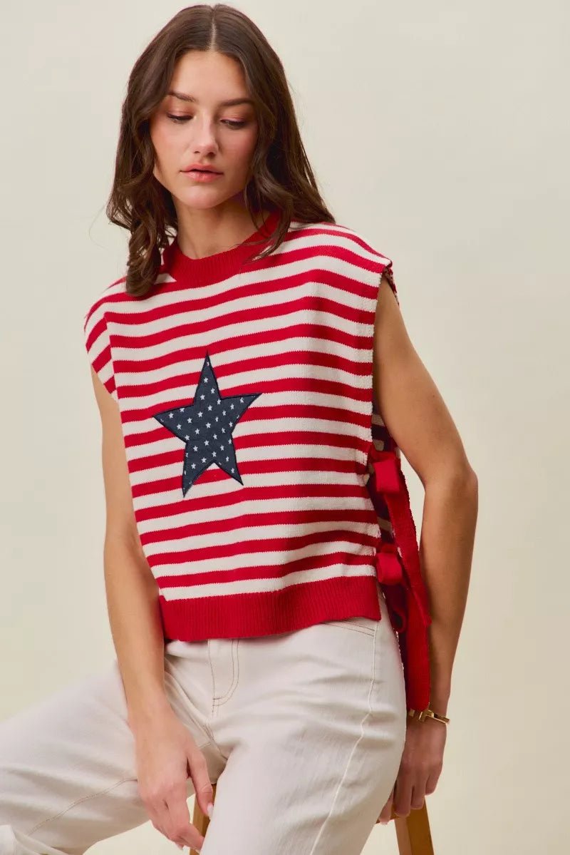 SO ME Stripe Star Patch 4th Of July Side Tie Vest Top - Grace & Grit Boutique
