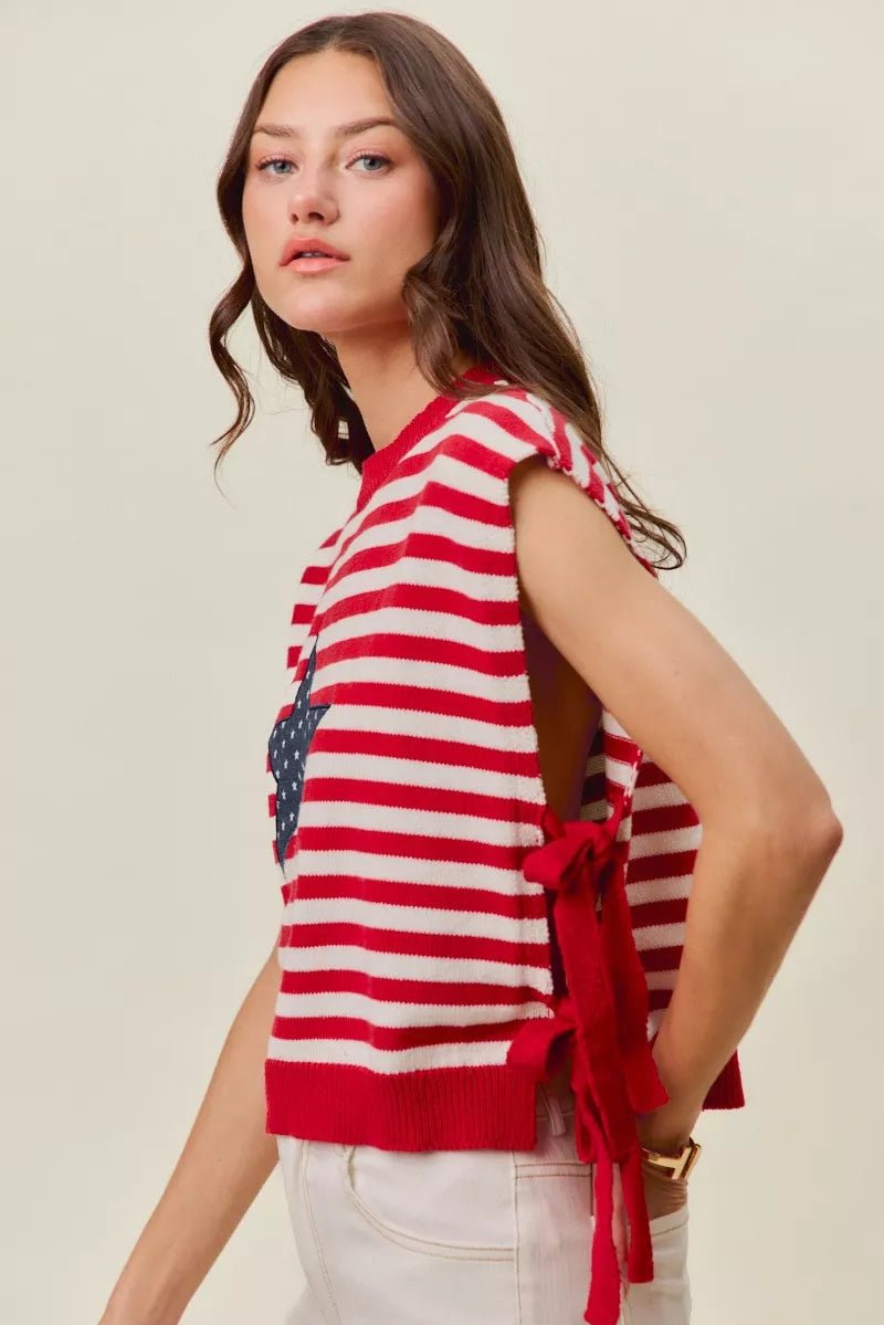 SO ME Stripe Star Patch 4th Of July Side Tie Vest Top - Grace & Grit Boutique