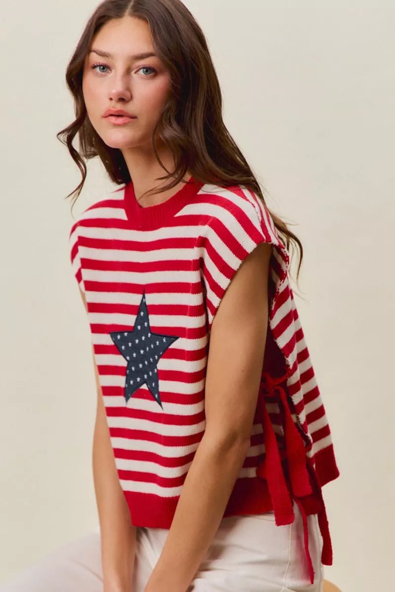 SO ME Stripe Star Patch 4th Of July Side Tie Vest Top - Grace & Grit Boutique