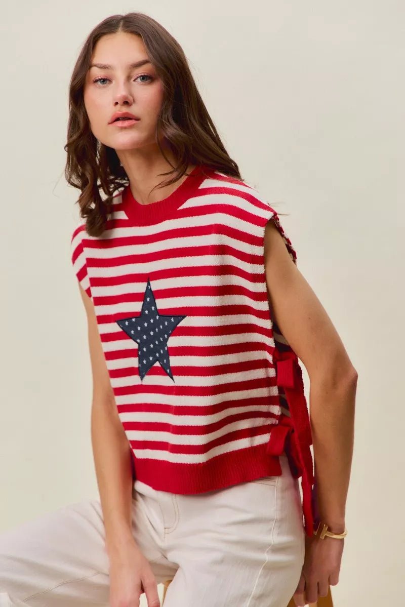 SO ME Stripe Star Patch 4th Of July Side Tie Vest Top - Grace & Grit Boutique