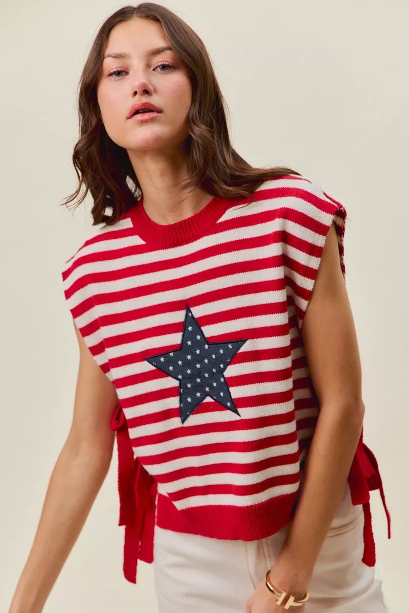 SO ME Stripe Star Patch 4th Of July Side Tie Vest Top - Grace & Grit Boutique