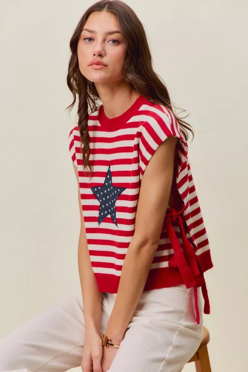 SO ME Stripe Star Patch 4th Of July Side Tie Vest Top - Grace & Grit Boutique