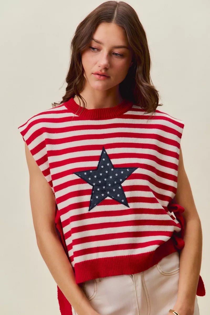 SO ME Stripe Star Patch 4th Of July Side Tie Vest Top - Grace & Grit Boutique
