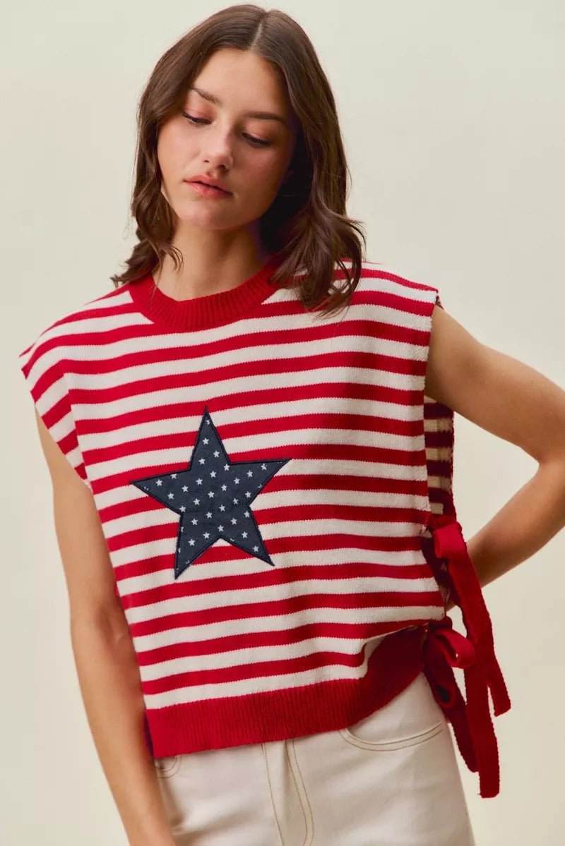 SO ME Stripe Star Patch 4th Of July Side Tie Vest Top - Grace & Grit Boutique