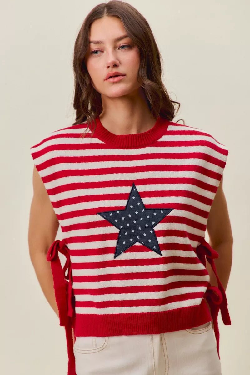SO ME Stripe Star Patch 4th Of July Side Tie Vest Top - Grace & Grit Boutique