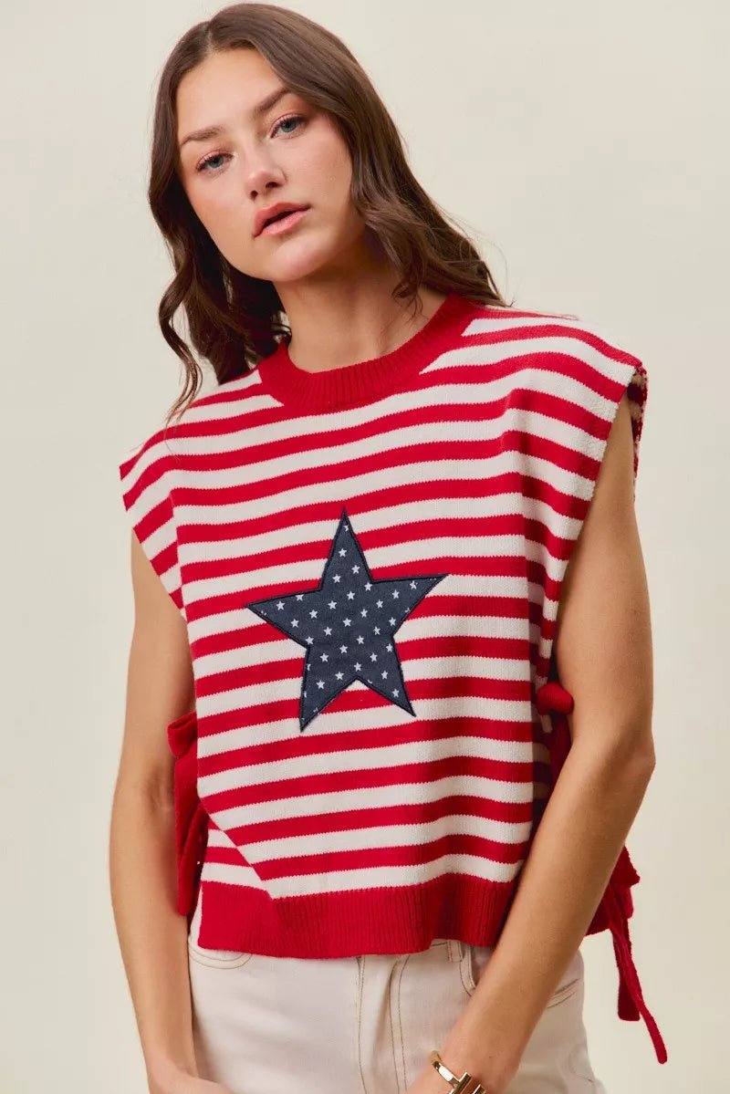 SO ME Stripe Star Patch 4th Of July Side Tie Vest Top - Grace & Grit Boutique