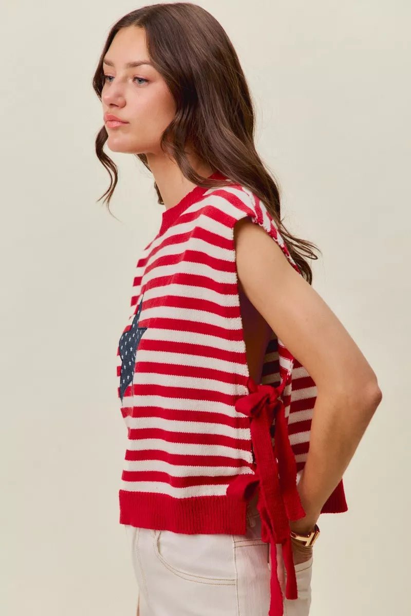 SO ME Stripe Star Patch 4th Of July Side Tie Vest Top - Grace & Grit Boutique