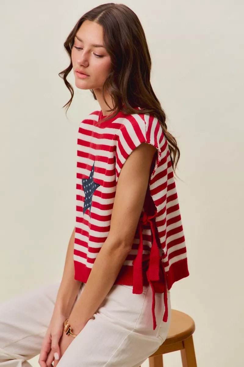 SO ME Stripe Star Patch 4th Of July Side Tie Vest Top - Grace & Grit Boutique