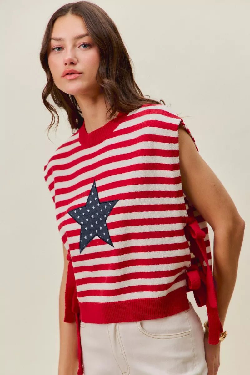 SO ME Stripe Star Patch 4th Of July Side Tie Vest Top - Grace & Grit Boutique