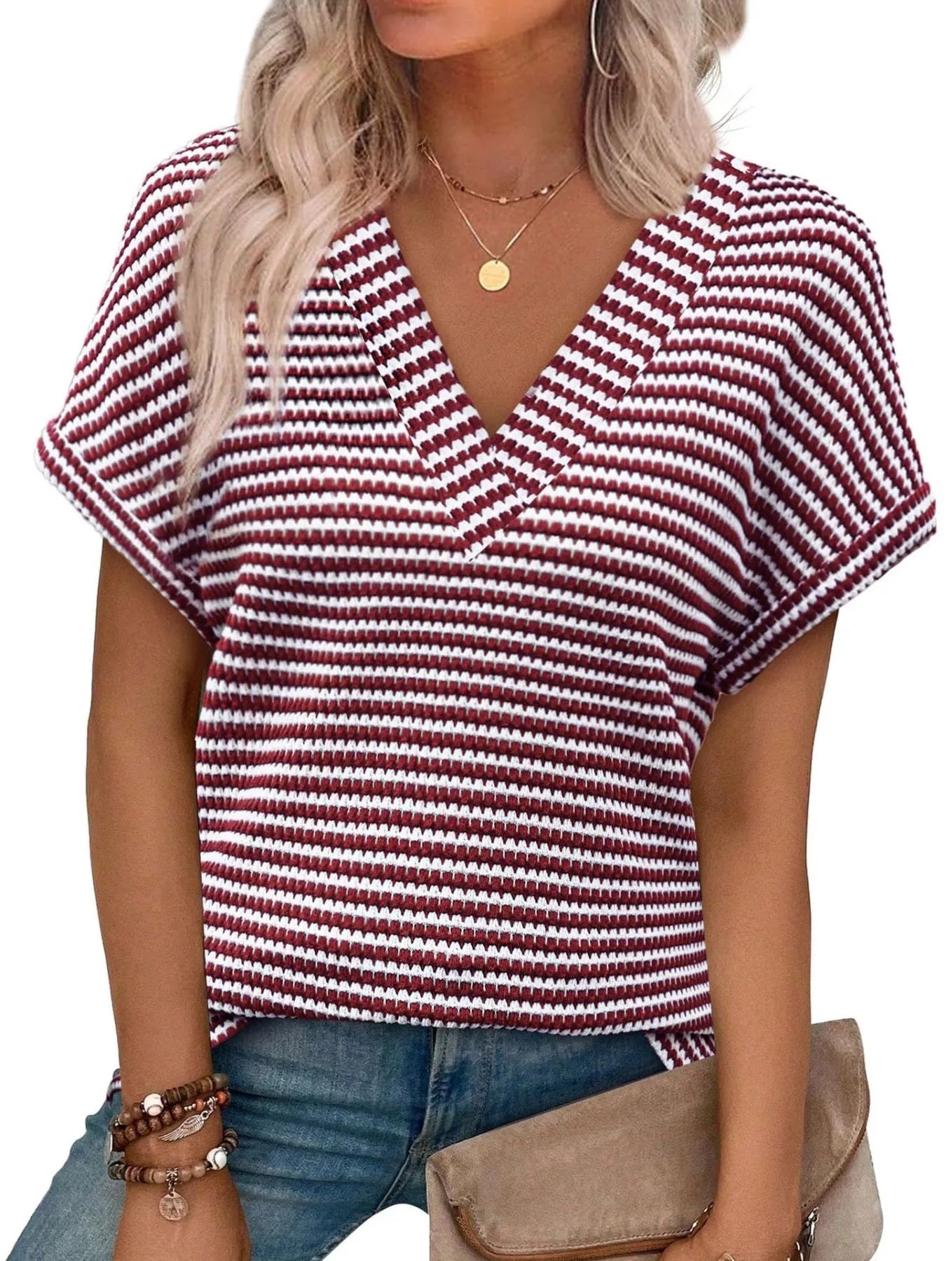 Striped V-Neck Relaxed Fit T-Shirt by Trendsi