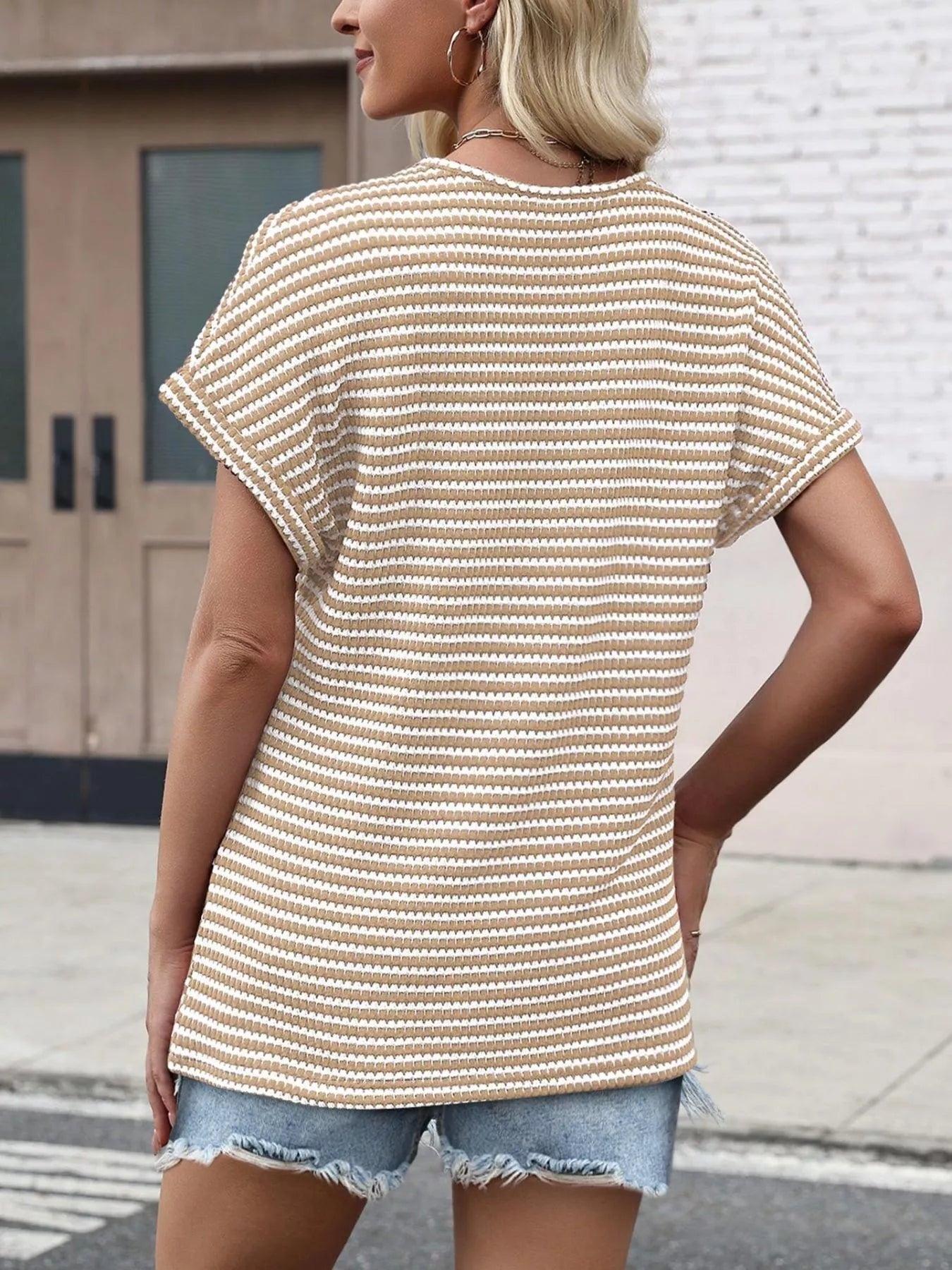 Striped V - Neck Relaxed Fit T-Shirt - Grace & Grit Boutique
