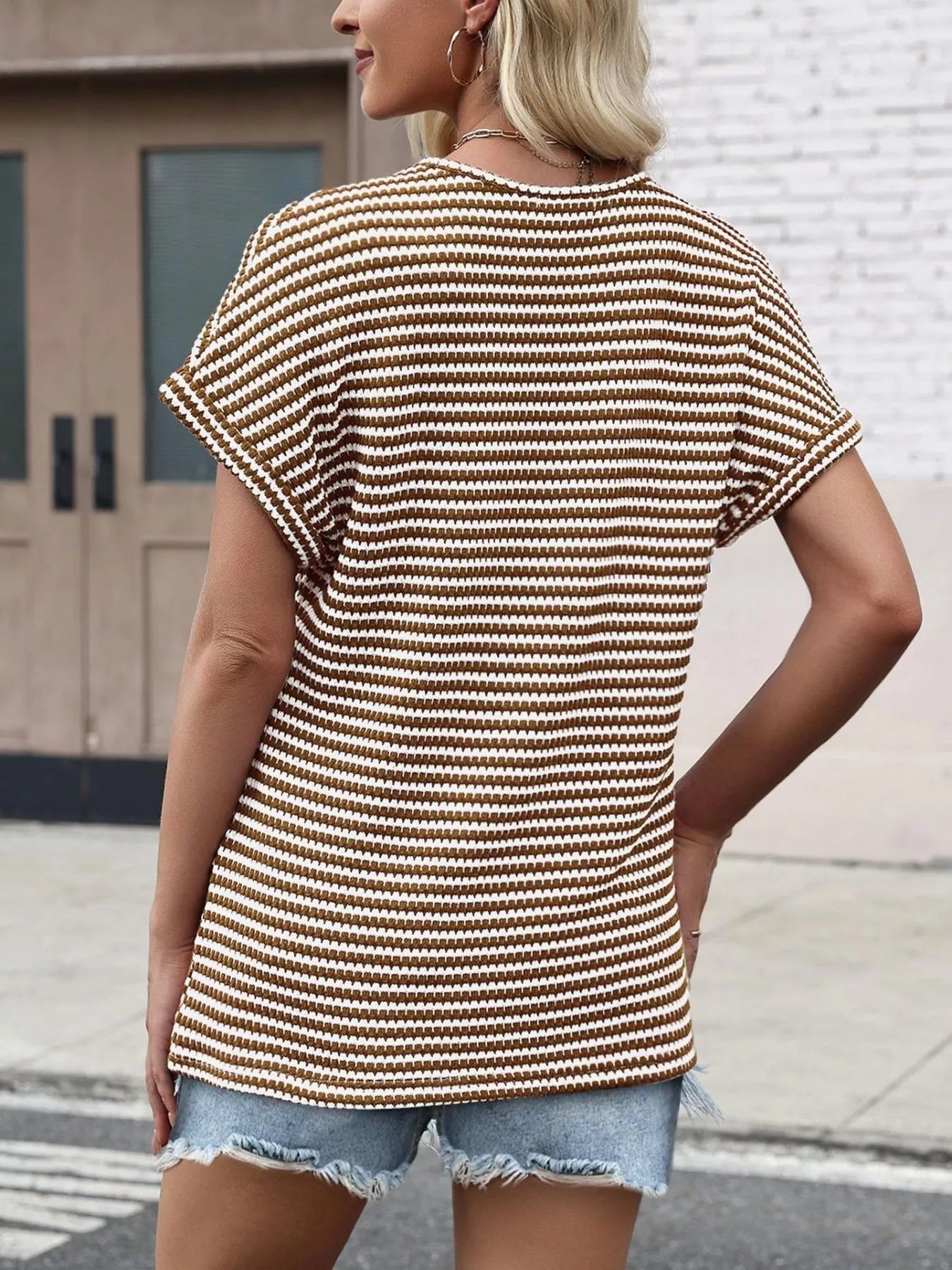 Striped V - Neck Relaxed Fit T-Shirt - Grace & Grit Boutique