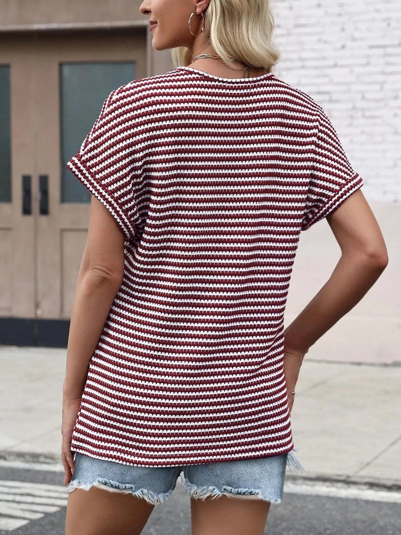 Striped V - Neck Relaxed Fit T-Shirt - Grace & Grit Boutique
