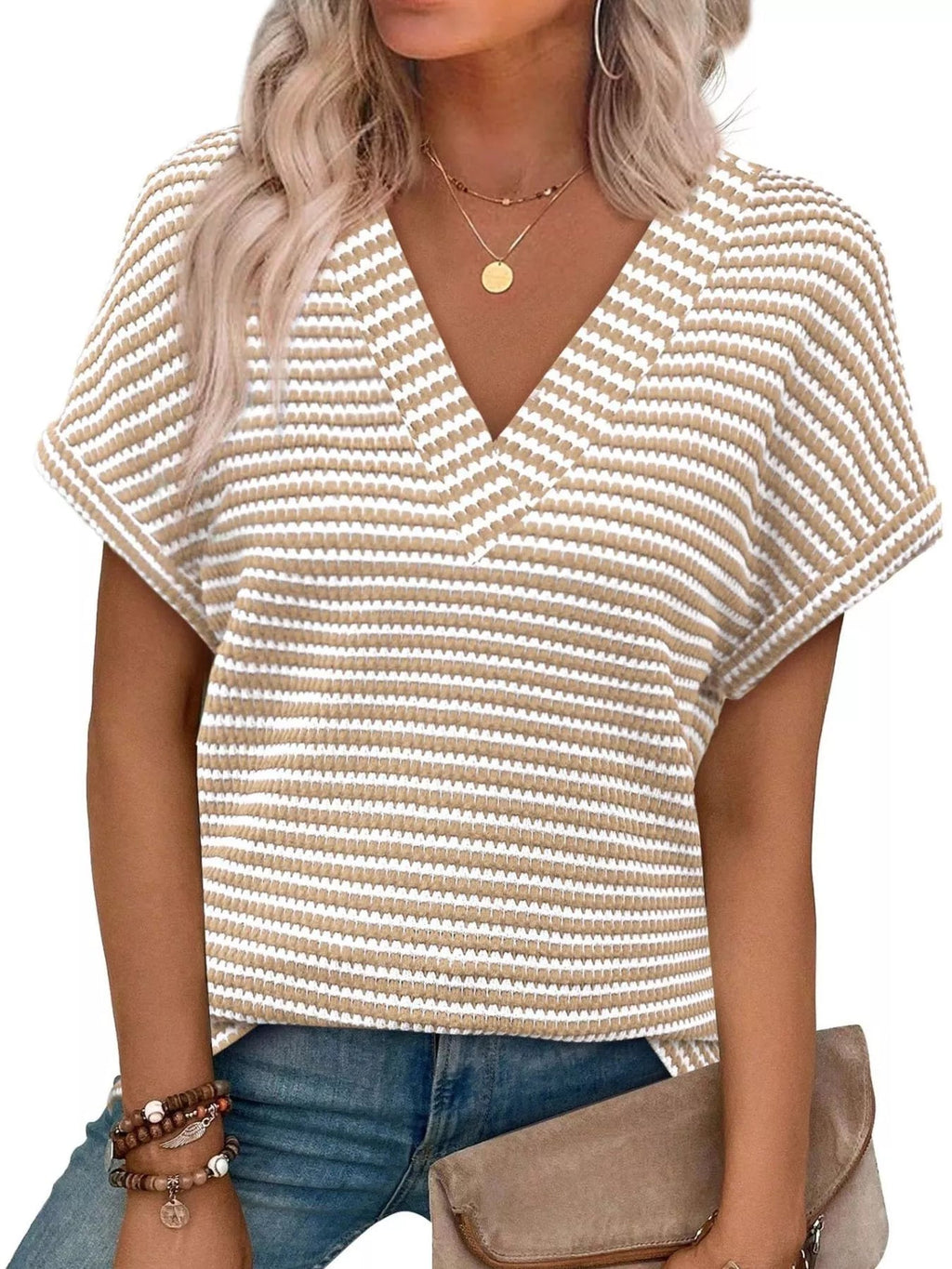 Striped V - Neck Relaxed Fit T-Shirt - Grace & Grit Boutique