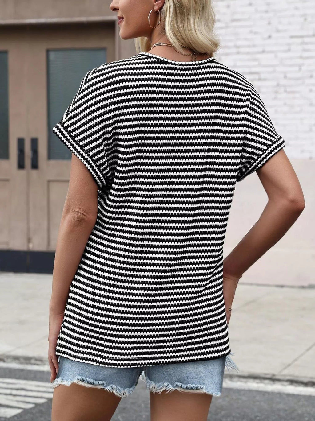 Striped V - Neck Relaxed Fit T-Shirt - Grace & Grit Boutique