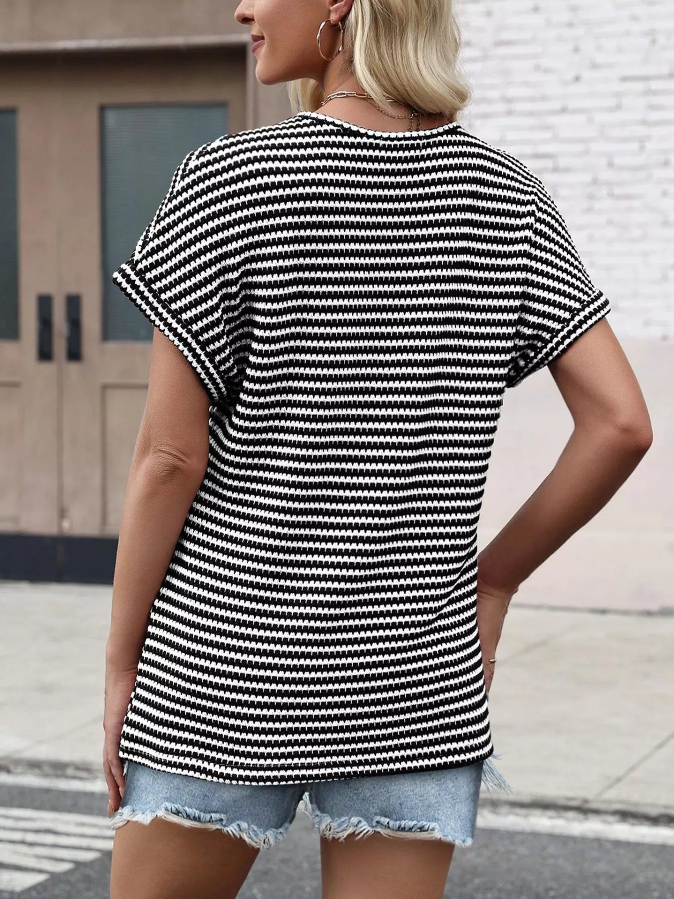 Striped V - Neck Relaxed Fit T-Shirt - Grace & Grit Boutique