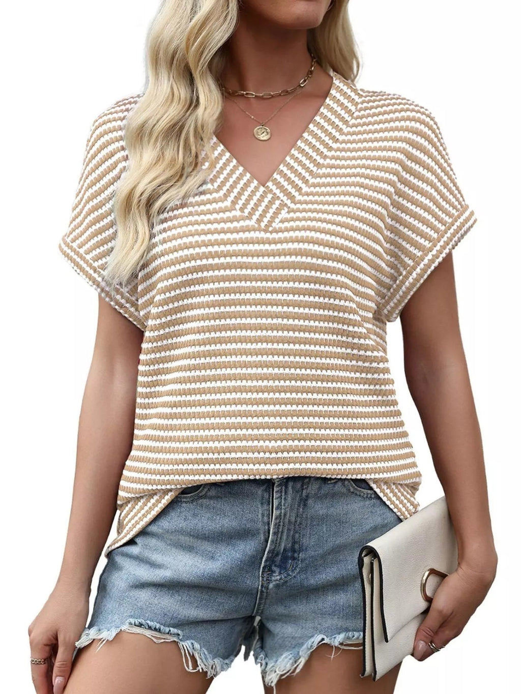 Striped V - Neck Relaxed Fit T-Shirt - Grace & Grit Boutique