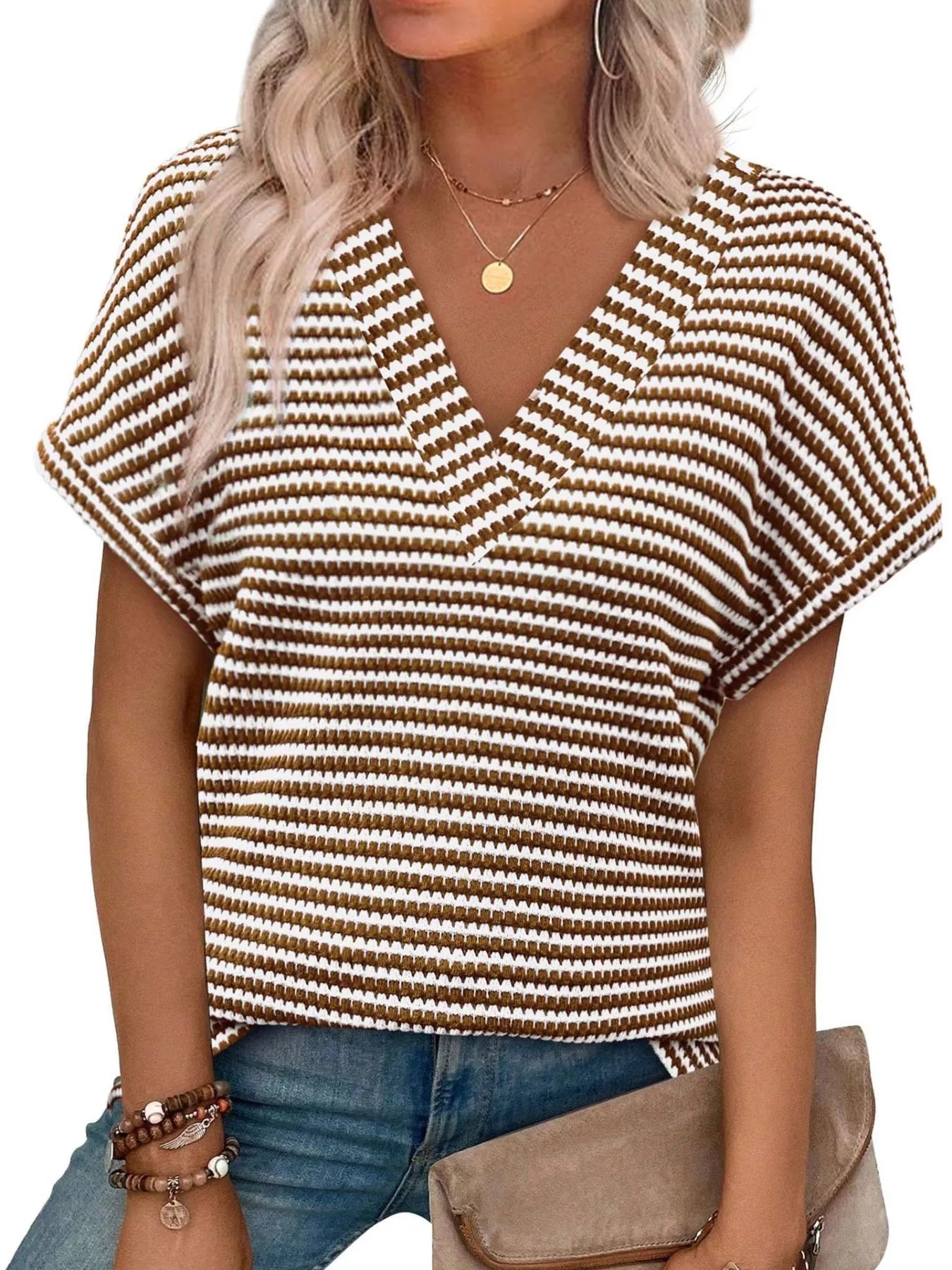 Striped V-Neck Relaxed Fit T-Shirt by Trendsi