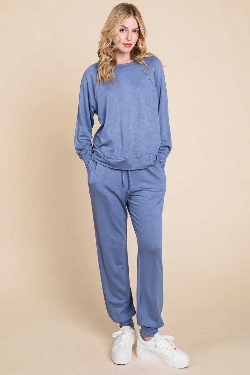 Super Lady Round Neck Raglan Sleeve Top and Pants Lounge Set - Grace & Grit Boutique