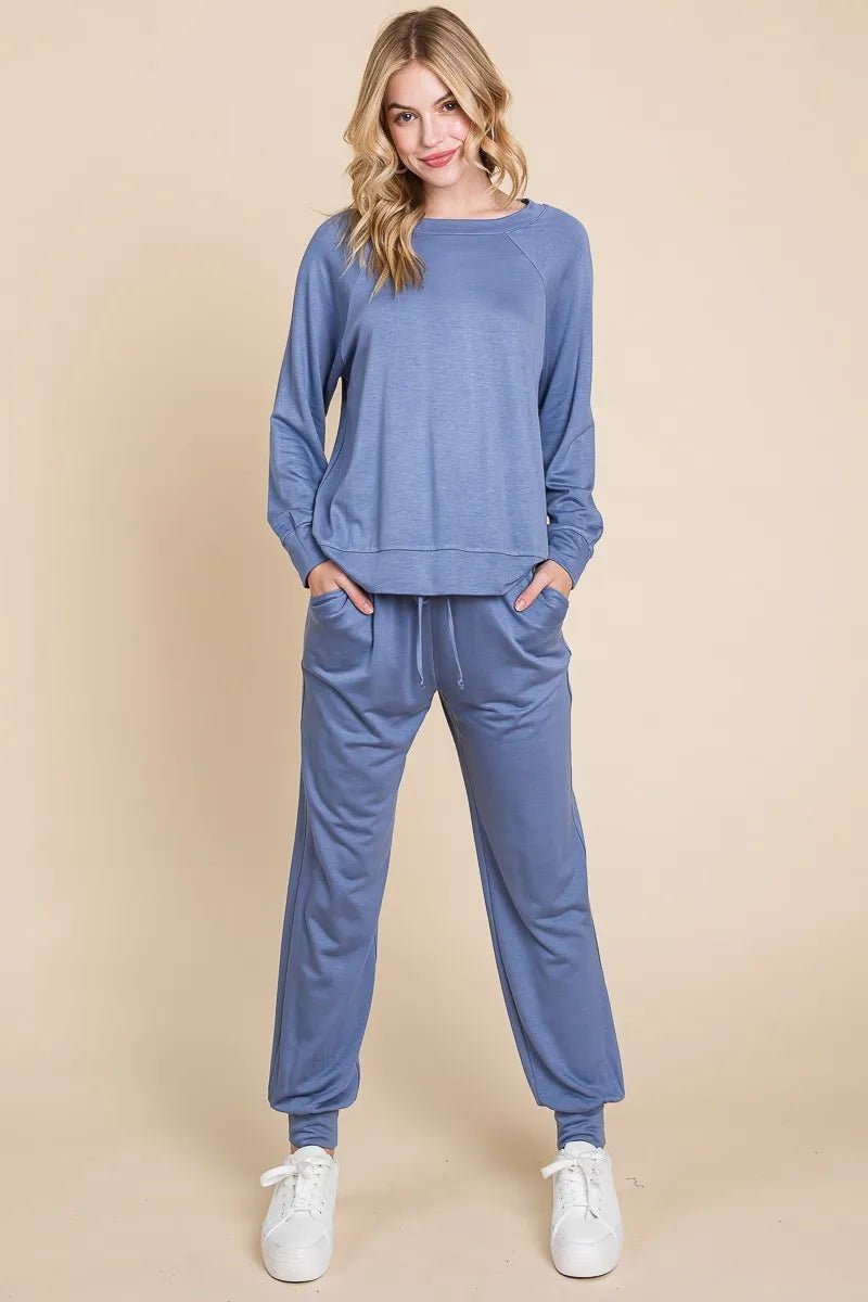 Super Lady Round Neck Raglan Sleeve Top and Pants Lounge Set - Grace & Grit Boutique
