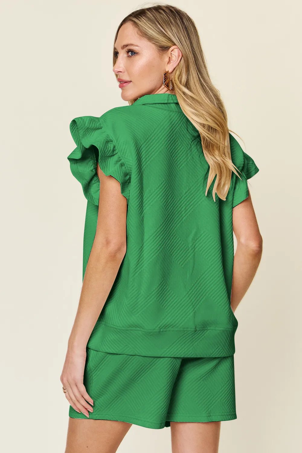 Textured Flounce Sleeve Top & Drawstring Shorts Set - Full Size - Grace & Grit Boutique