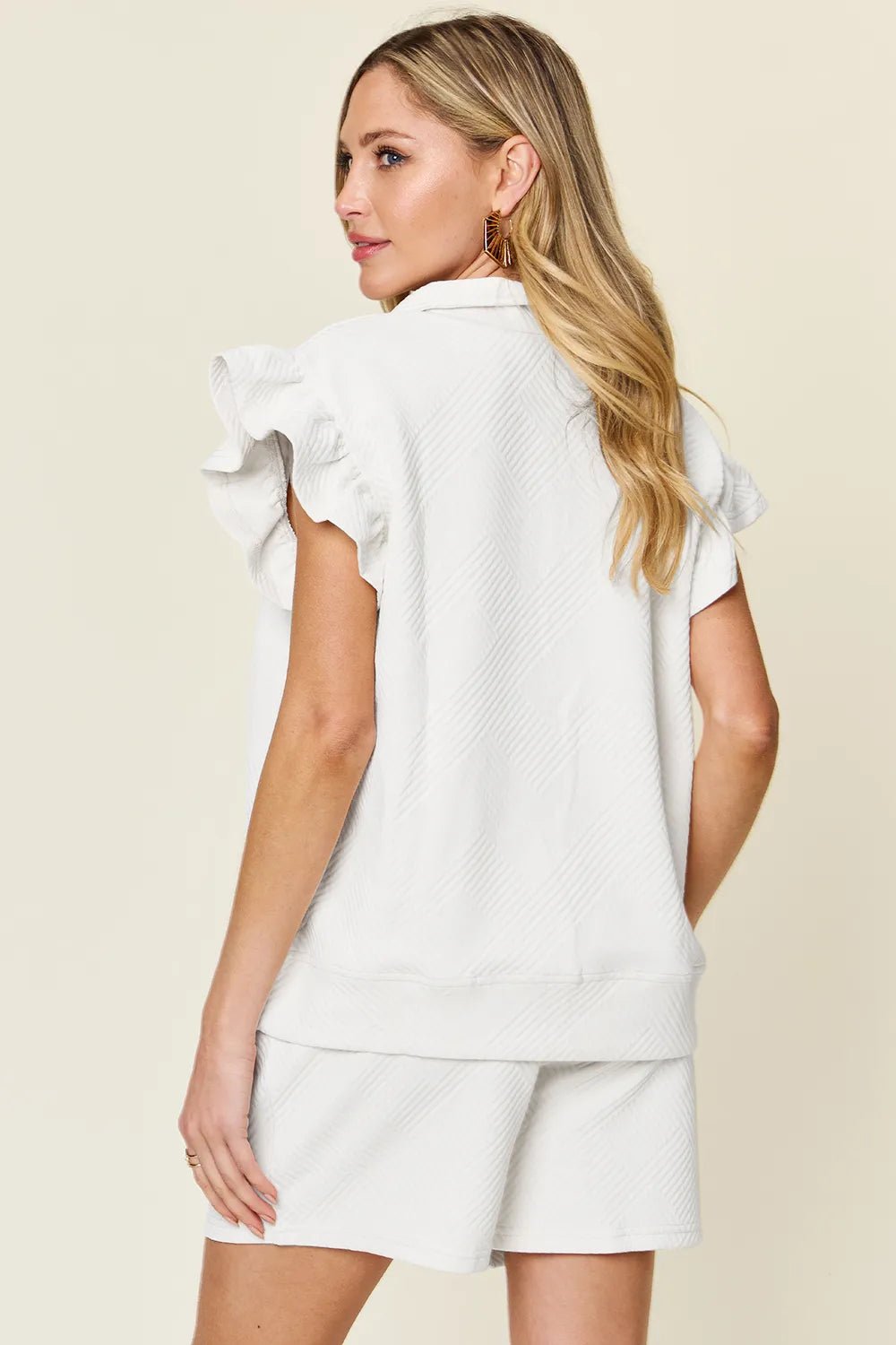Textured Flounce Sleeve Top & Drawstring Shorts Set - Full Size - Grace & Grit Boutique