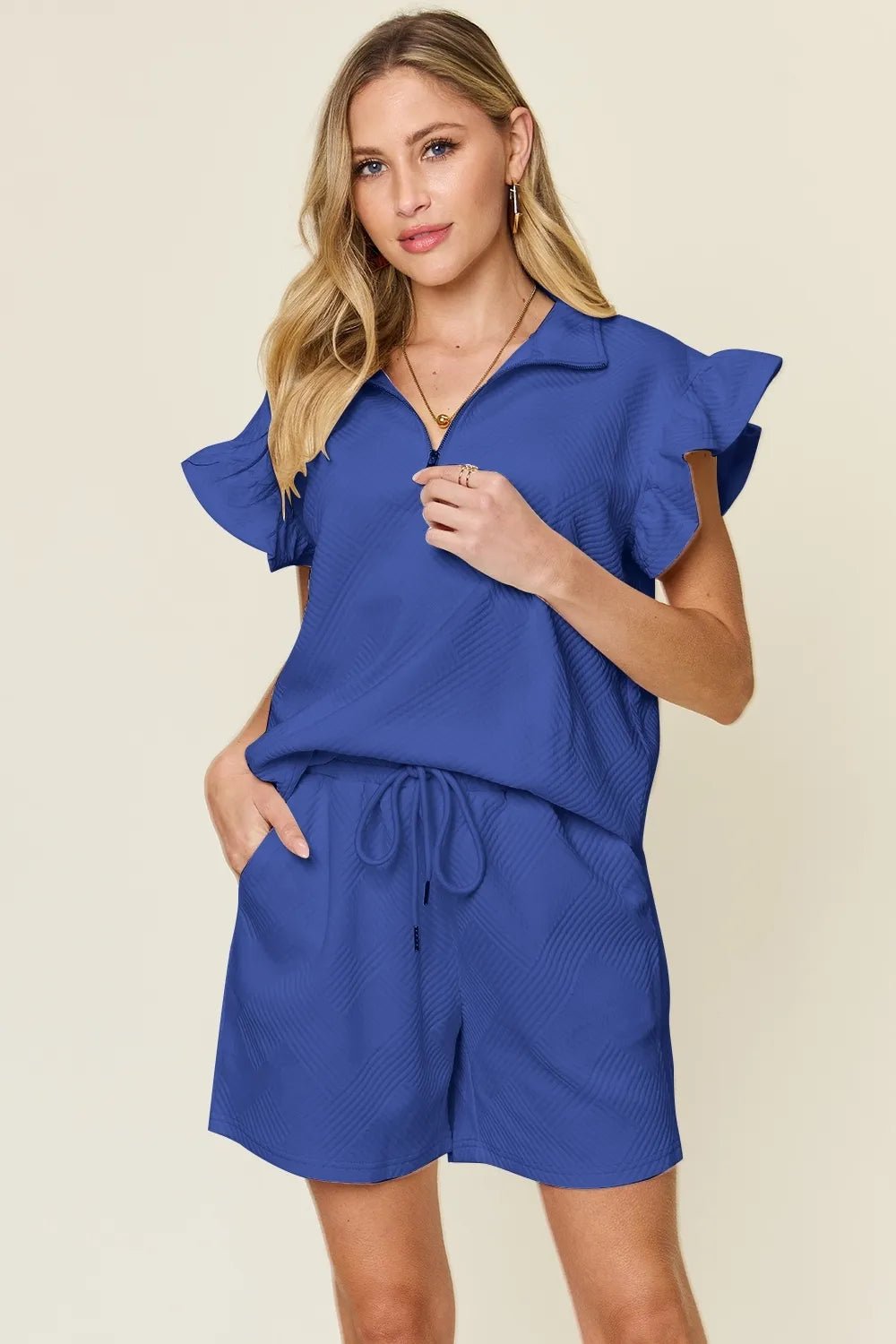 Textured Flounce Sleeve Top & Drawstring Shorts Set - Full Size by Trendsi