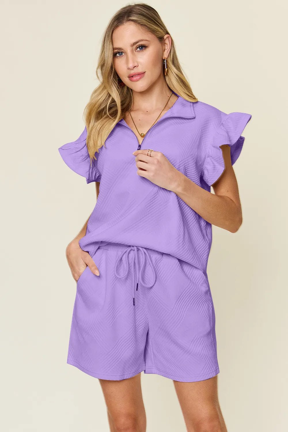 Textured Flounce Sleeve Top & Drawstring Shorts Set - Full Size by Trendsi