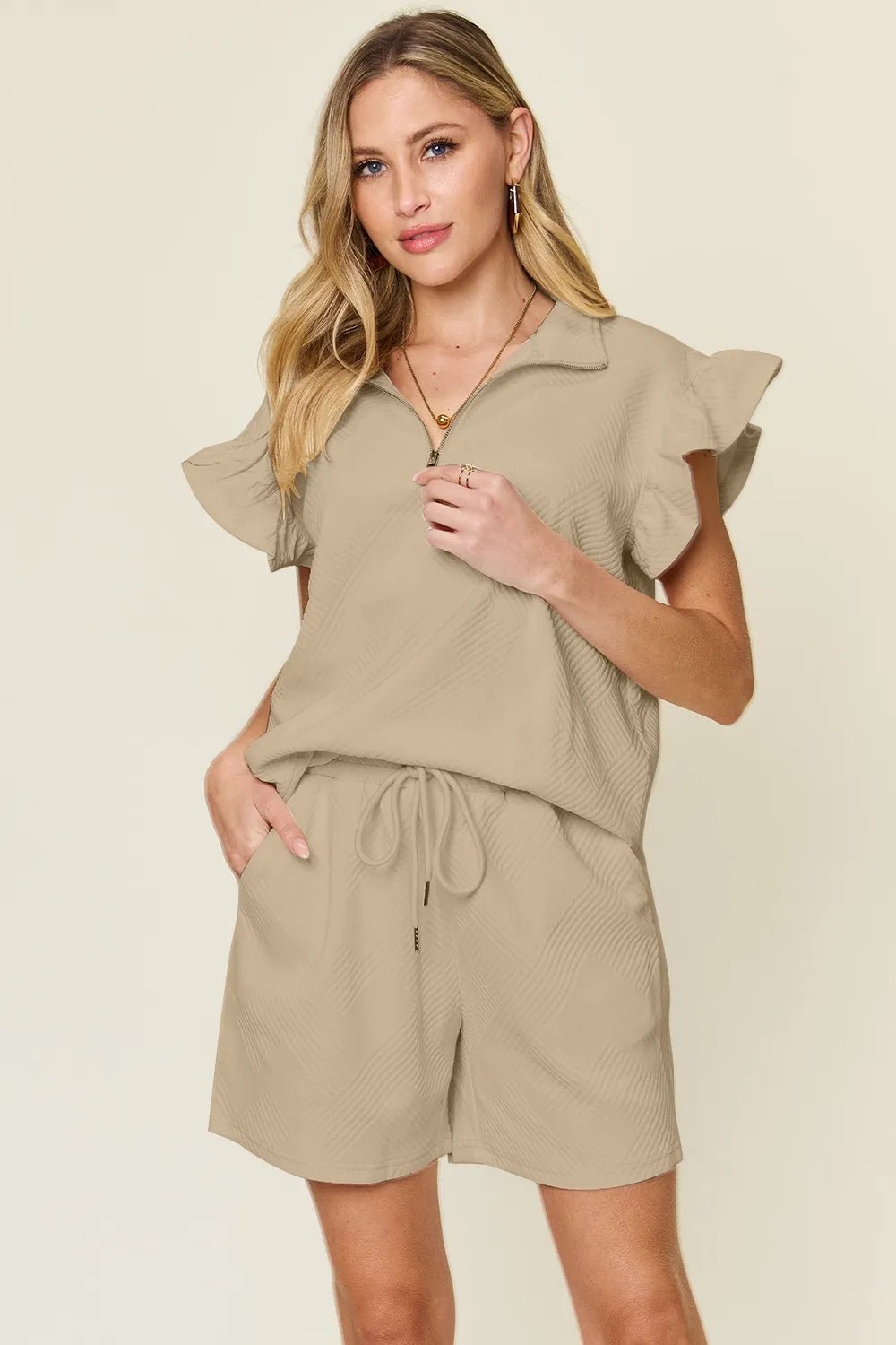Textured Flounce Sleeve Top & Drawstring Shorts Set - Full Size by Trendsi