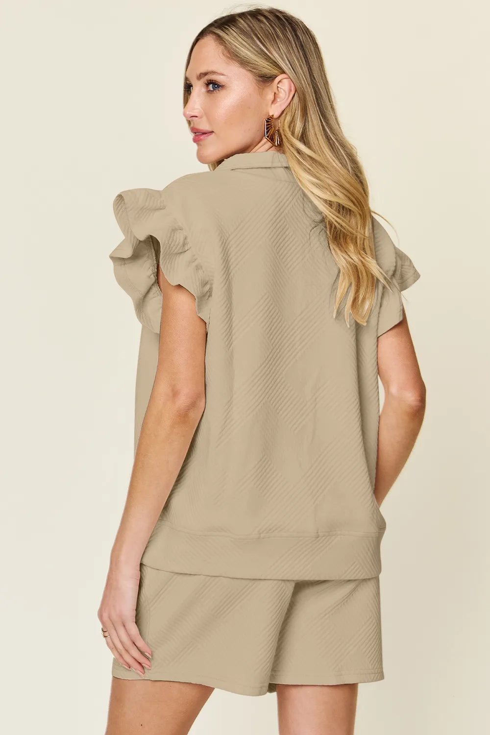 Textured Flounce Sleeve Top & Drawstring Shorts Set - Full Size - Grace & Grit Boutique