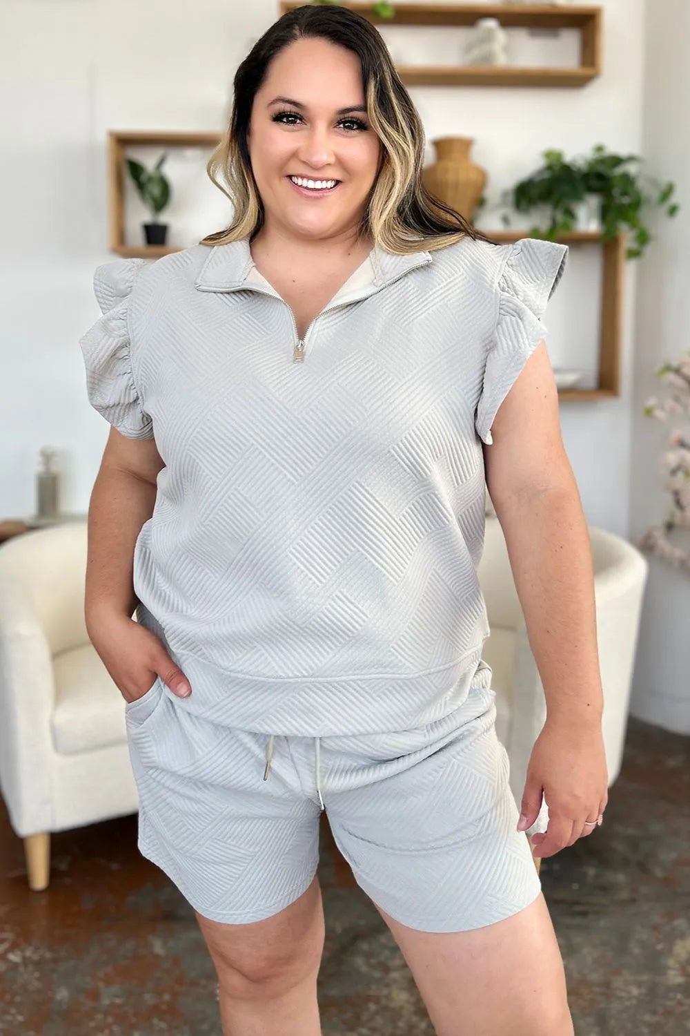 Textured Flounce Sleeve Top & Drawstring Shorts Set - Full Size - Grace & Grit Boutique